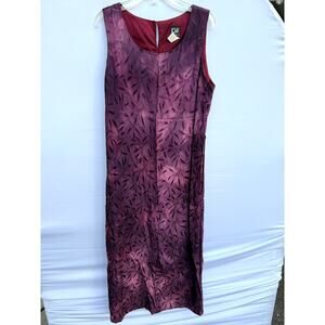 Vintage 90s DJ & Co Burgundy Floral Leaf Branch Flowy Adjustable Tie Midi Dress